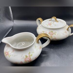 Haviland Limoges Schleiger 1245 Pink Floral Solid Handle Cream & Sugar Bowl EUC